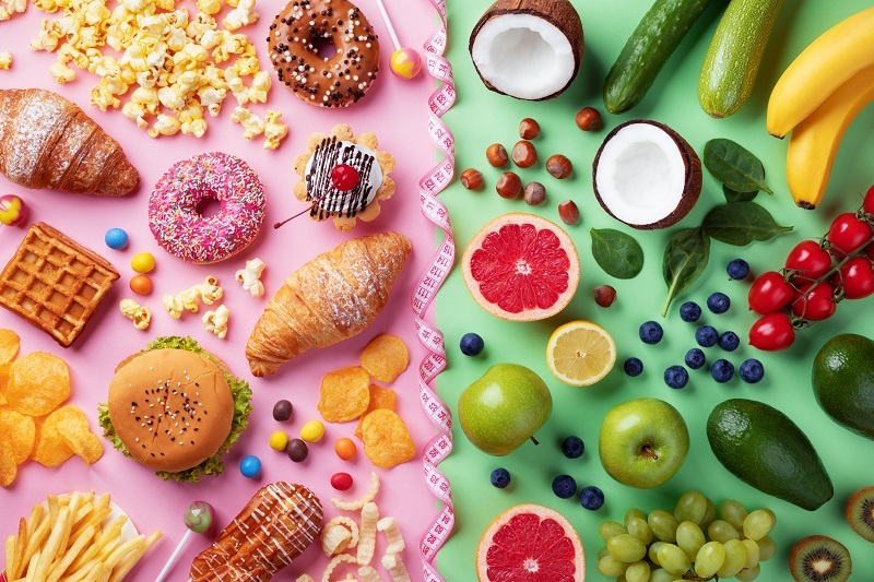 unhealhy food on left and healthy food on right side of image