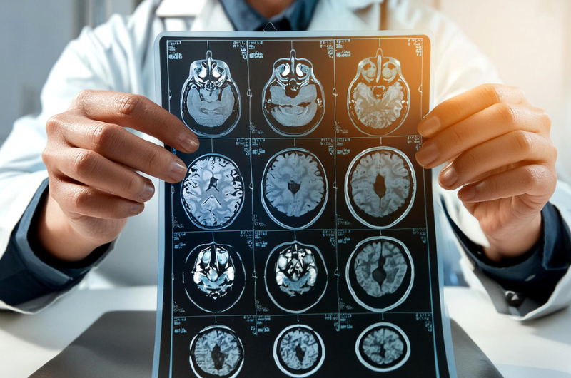 A doctor shows an MRI brain scan of the head and skull.