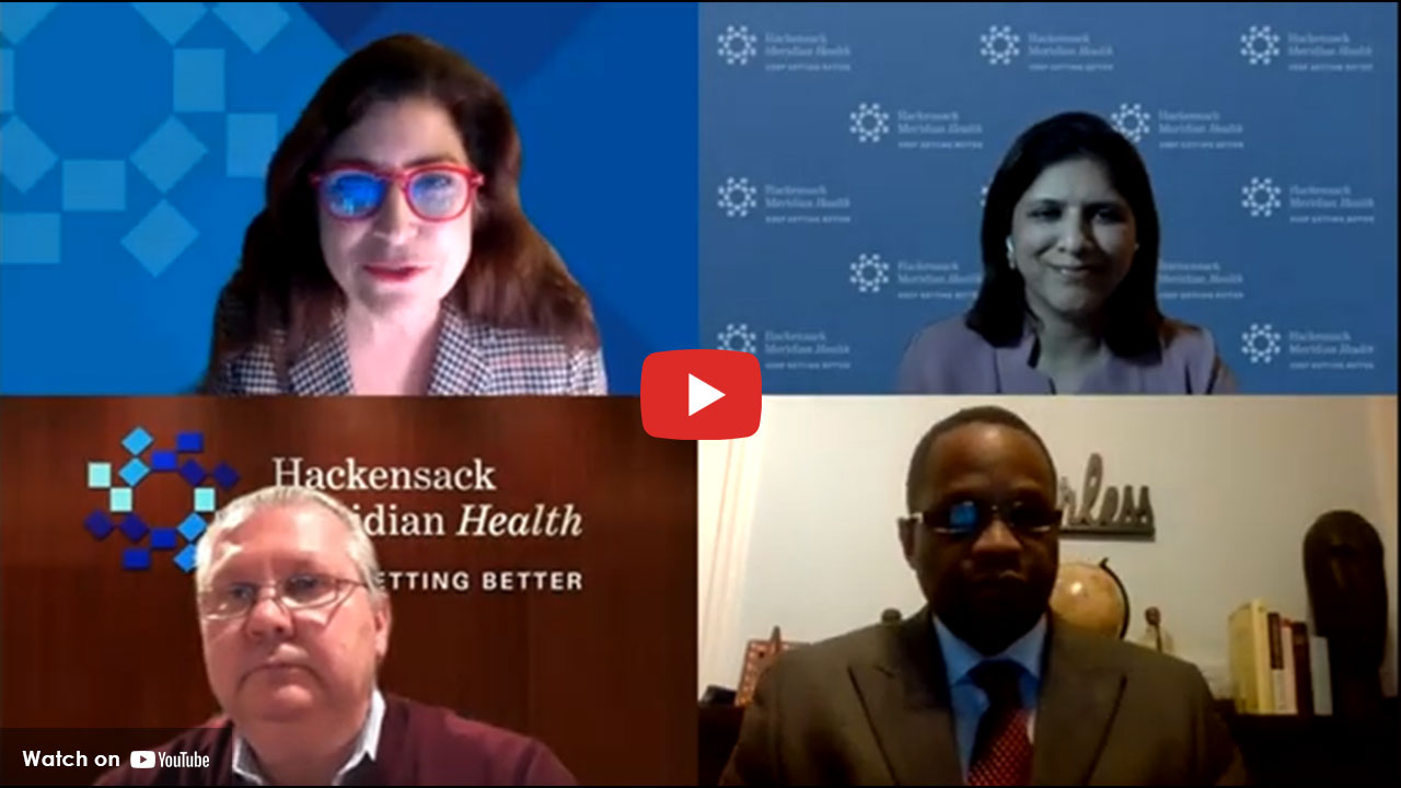 Presentation slide titled “COVID-19 and Parkinson’s disease” from Hackensack Meridian Health.