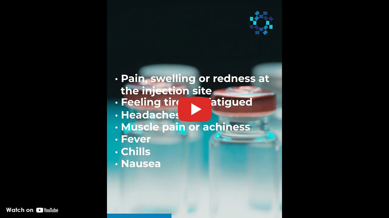 Blue graphic with white text about covid vaccine side effects